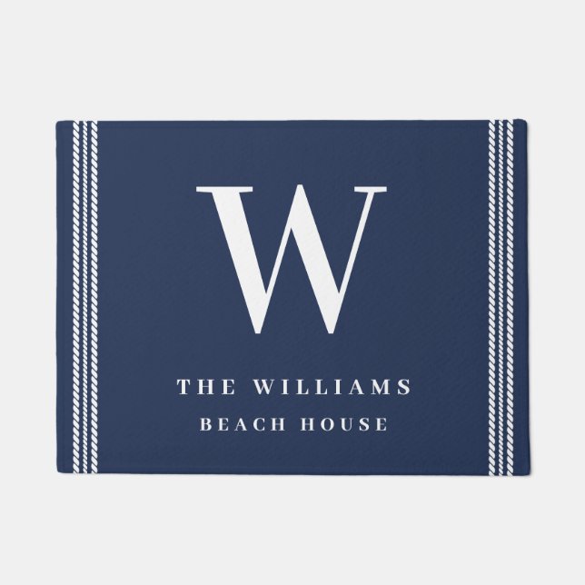 Nautical Navy White Rope Monogram Deurmat (Voorkant)