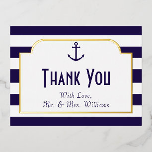 Nautical Navy & White Stripe Anchor Hartelijk dank Folie Uitnodiging Briefkaart