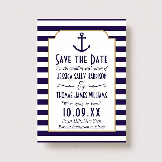 Nautical Navy & White Stripe Anchor Save The Date