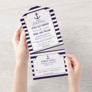 Nautical Navy & White Stripe Anchor Wedding All In One Uitnodiging
