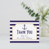 Nautical Navy & White Stripe Anchor Wedding Briefkaart (Staand voorkant)