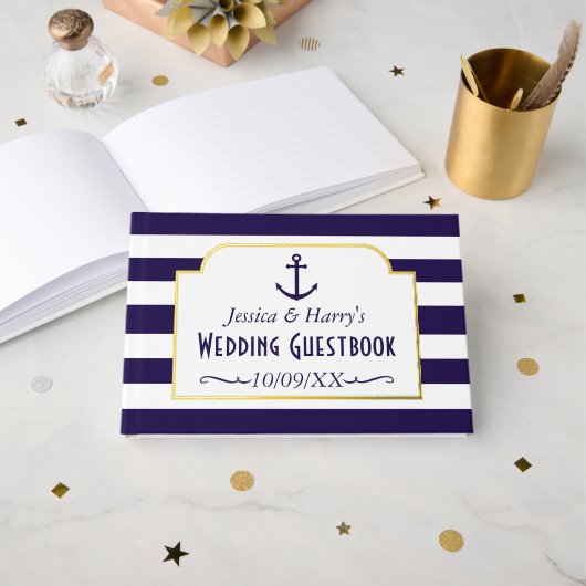 Nautical Navy & White Stripe Anchor Wedding Gastenboek (Voorkant open)