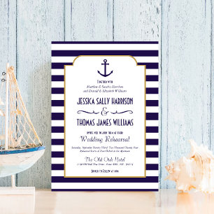 Nautical Navy & White Stripe Anchor Wedding Kaart