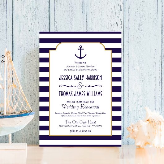 Nautical Navy & White Stripe Anchor Wedding Kaart