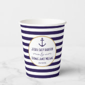 Nautical Navy & White Stripe Anchor Wedding Papieren Bekers (Achterkant)