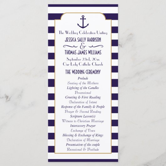 Nautical Navy & White Stripe Anchor Wedding Programma (Voorkant)