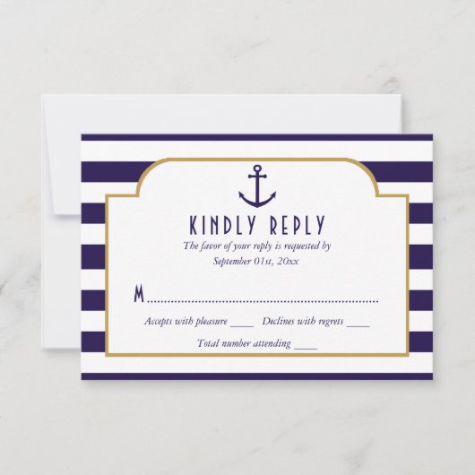 Nautical Navy & White Stripe Anchor Wedding RSVP (Voorkant)