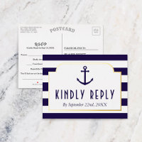 Nautical Navy & White Stripe Anchor Wedding RSVP