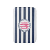 Nautical Navy & White Stripe met roze monogram Badmat (Voorkant Verticaal)