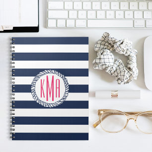 Nautical Navy & White Stripe met roze monogram Notitieboek