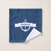 Nautical Navy White Stripes Anchor Name Bad Handdoek (Wasdoekje)