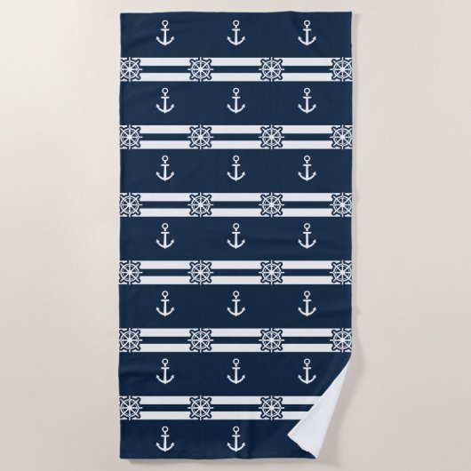 Nautical Navy & White Stripes, Anchor & Ship Wheel Strandlaken (Voorkant)