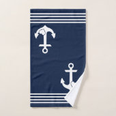 Nautical Navy White Stripes Hart Anker Monogram Bad Handdoek (Handdoek)