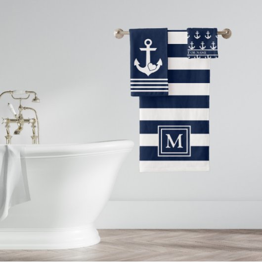 Nautical Navy White Stripes Hart Anker Monogram Bad Handdoek