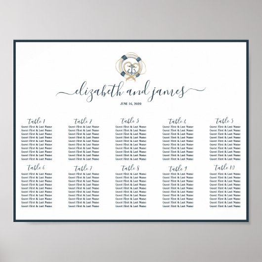 Nautical Navy & White Wedding Table Seating Poster (Voorkant)