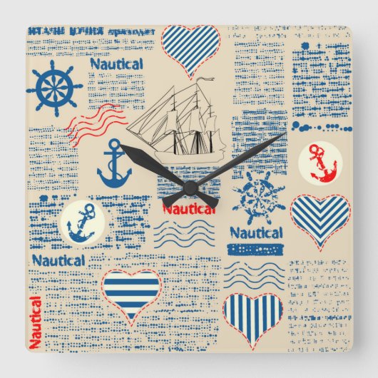 Nautical Newspaper Pattern Vierkante Klok (Voorkant)