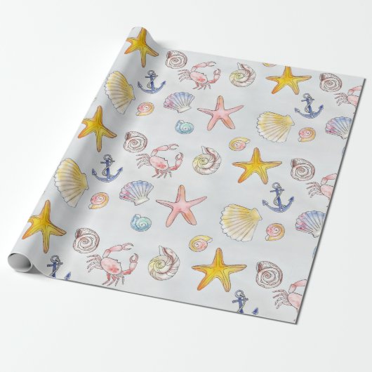 Nautical Ocean Beach Pastel Starfish Seashell Cadeaupapier (Uitgerold)