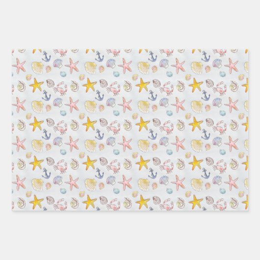 Nautical Ocean Beach Pastel Starfish Seashell Inpakpapier Vel (Voorkant 2)