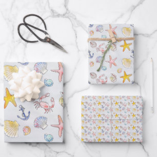 Nautical Ocean Beach Pastel Starfish Seashell Inpakpapier Vel