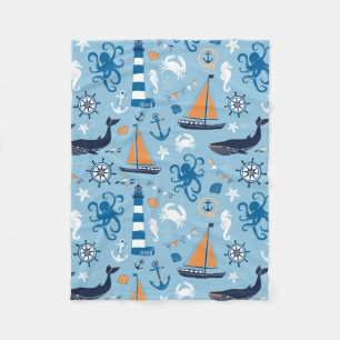 Nautical Ocean Blue en Oranje Fleece Deken