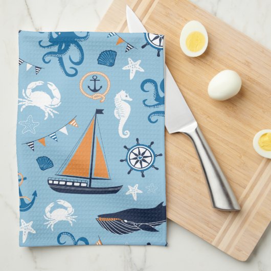Nautical Ocean Blue en Oranje Theedoek (Quarter Fold)