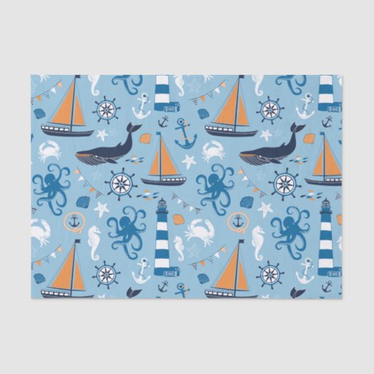 Nautical Ocean Blue en Oranje Tissuepapier (Voorkant)