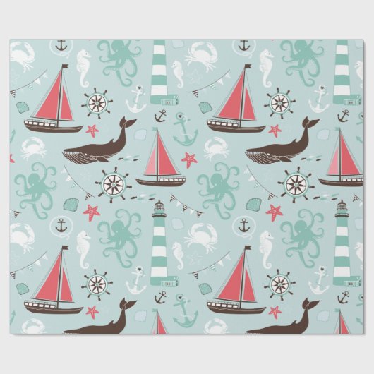 Nautical Ocean Blue en Roos Cadeaupapier (Vlak)