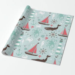 Nautical Ocean Blue en Roos Cadeaupapier