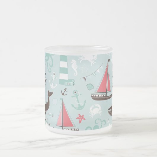 Nautical Ocean Blue en Roos Matglas Koffiemok (Center)