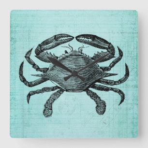 Nautical Ocean Crab Antique Art Teal Paper Design Vierkante Klok