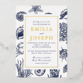 Nautical Oceanic classic navy blue Weddengoud Folie Uitnodiging (Voorkant)