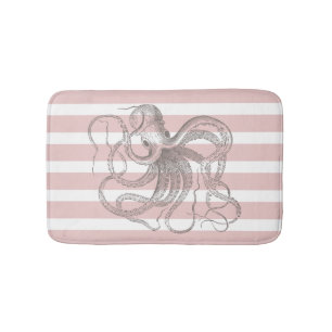 Nautical  Octopus on Coastal Pink Stripes Badmat
