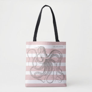 Nautical  Octopus on Coastal Pink Stripes Draagtas