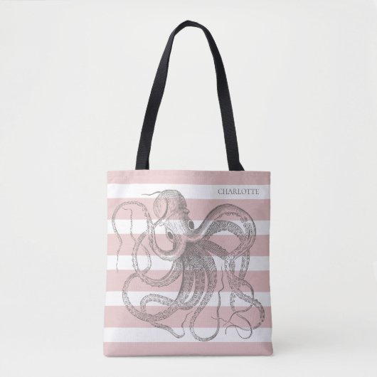 Nautical  Octopus on Coastal Pink Stripes Draagtas (Voorkant)