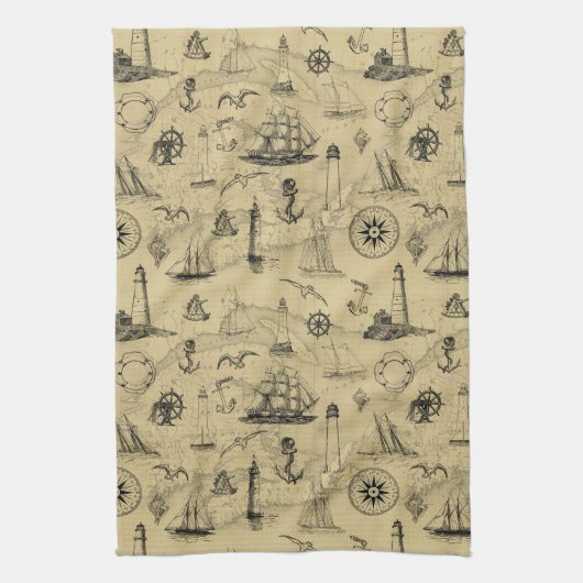 Nautical Old Map Pattern Seafaring Theedoek (Verticaal)