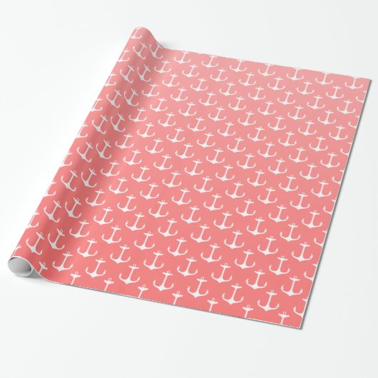 Nautical Ombre Coral Pink White Anchor Pattern Cadeaupapier (Uitgerold)