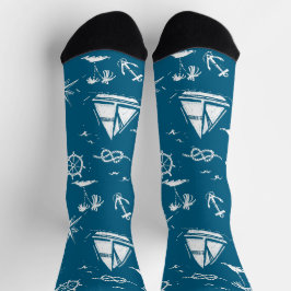 Nautical Paradise: Blue Sailing Boat & Palm Socks Sokken