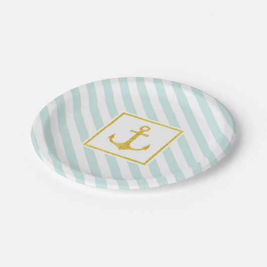 Nautical Pastel Blue Stripes Golden Anchor Papieren Bordje (Gekanteld)