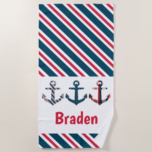 Nautical Pattern Anchors Personalized Beach Towel Strandlaken (Voorkant)