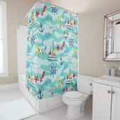 Nautical Pattern Boats Ship Wheel Anchor Dolphin Douchegordijn (In situ)