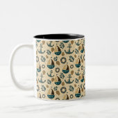  Nautical Pattern in Blue, Brown, Cream Tweekleurige Koffiemok (Links)