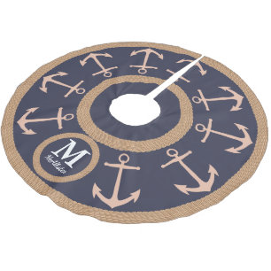 Nautical Peach Anchors on Navy Blue - Familienaam Kerstboom Rok