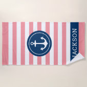 Nautical Personalised Name Navy Pink Striped Strandlaken (Voorkant)