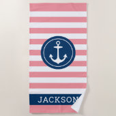Nautical Personalised Name Navy Pink Striped Strandlaken (Voorkant)