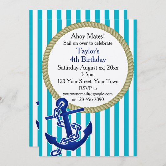 Nautical Personalized Birthday Party Kaart (Voorkant / Achterkant)