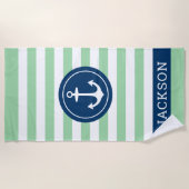 Nautical Personalized Name Navy Green Striped Strandlaken (Voorkant)
