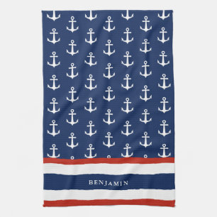Nautical Personalized Navy Blue White Anchor Theedoek
