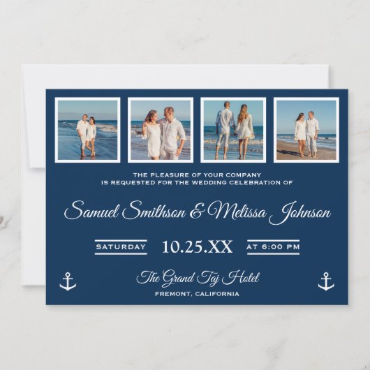 Nautical Photo Collage Navy Wedding Invitation Kaart (Voorkant)