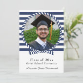 Nautical Photo Navy Blue White Strees Afstuderen Aankondiging (Staand voorkant)