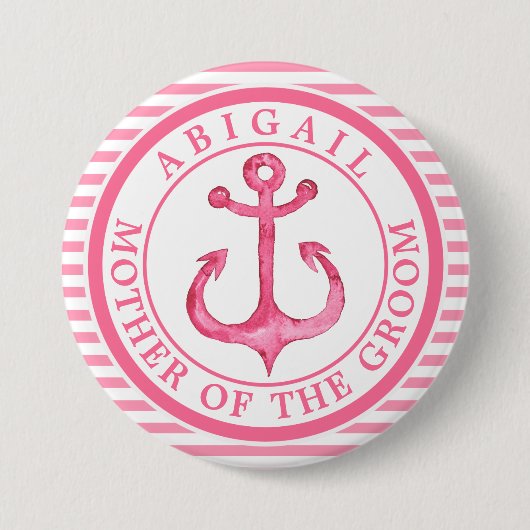 Nautical Pink Anchor Striped Wedding Party Button (Voorkant)